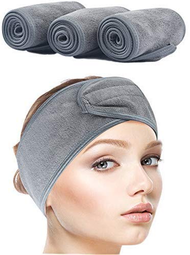 Sinland - Diadema de spa facial para lavado de maquillaje, cosméticos, ducha, suave, con diseño de velcro, paquete de 3, gris, 3pack