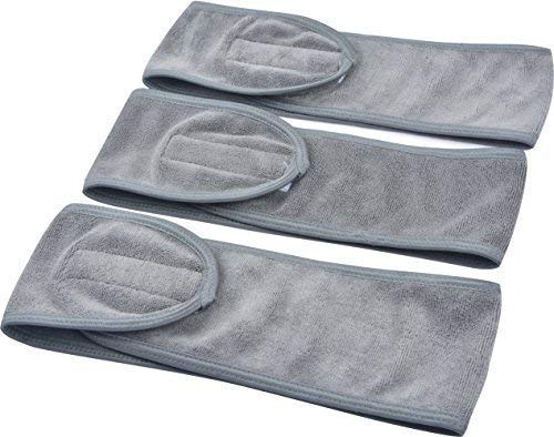 Sinland - Diadema de spa facial para lavado de maquillaje, cosméticos, ducha, suave, con diseño de velcro, paquete de 3, gris, 3pack
