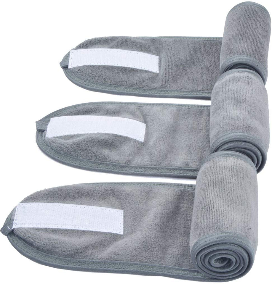 Sinland - Diadema de spa facial para lavado de maquillaje, cosméticos, ducha, suave, con diseño de velcro, paquete de 3, gris, 3pack