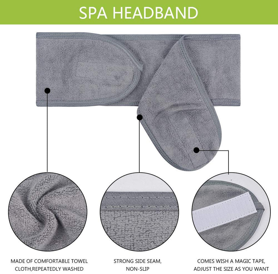 Sinland - Diadema de spa facial para lavado de maquillaje, cosméticos, ducha, suave, con diseño de velcro, paquete de 3, gris, 3pack