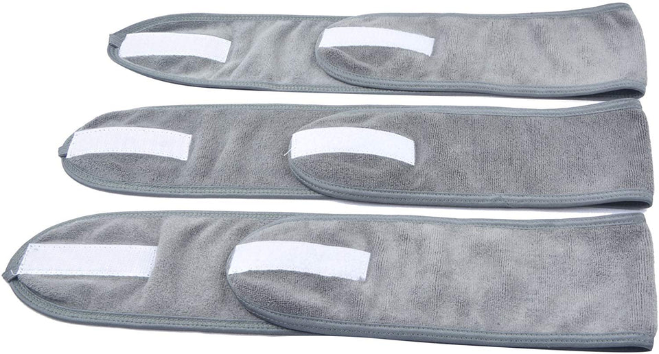 Sinland - Diadema de spa facial para lavado de maquillaje, cosméticos, ducha, suave, con diseño de velcro, paquete de 3, gris, 3pack